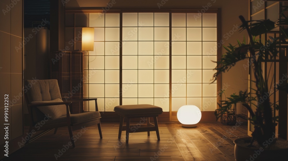 Fototapeta premium Peaceful daylight filters through shoji screens into a minimalist, serene Japanese-style room.