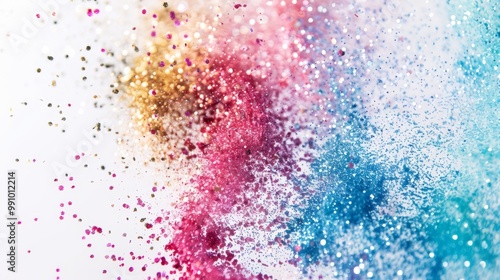Particles of glitter create a mesmerizing cascade in mid-air, mingling in vibrant pastels and radiant metallic hues.