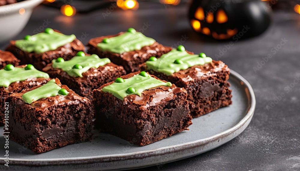 Frankensteinthemed brownies with green icing and candy bolts, served on a Halloweenthemed table with spooky lighting, Frankenstein dessert, monster brownies Frankensteinthemed brownies with green icing and candy bolts, served on a Halloweenthemed table with spooky lighting, Frankenstein dessert, monster brownies