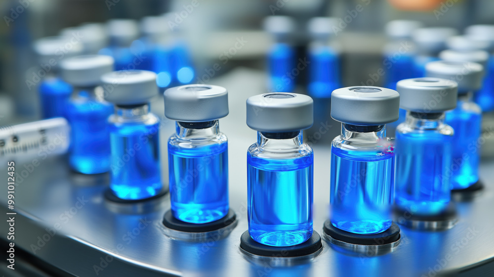 Vaccine vials on factory line, showcasing vibrant blue liquid Vaccine vials on factory line, showcasing vibrant blue liquid