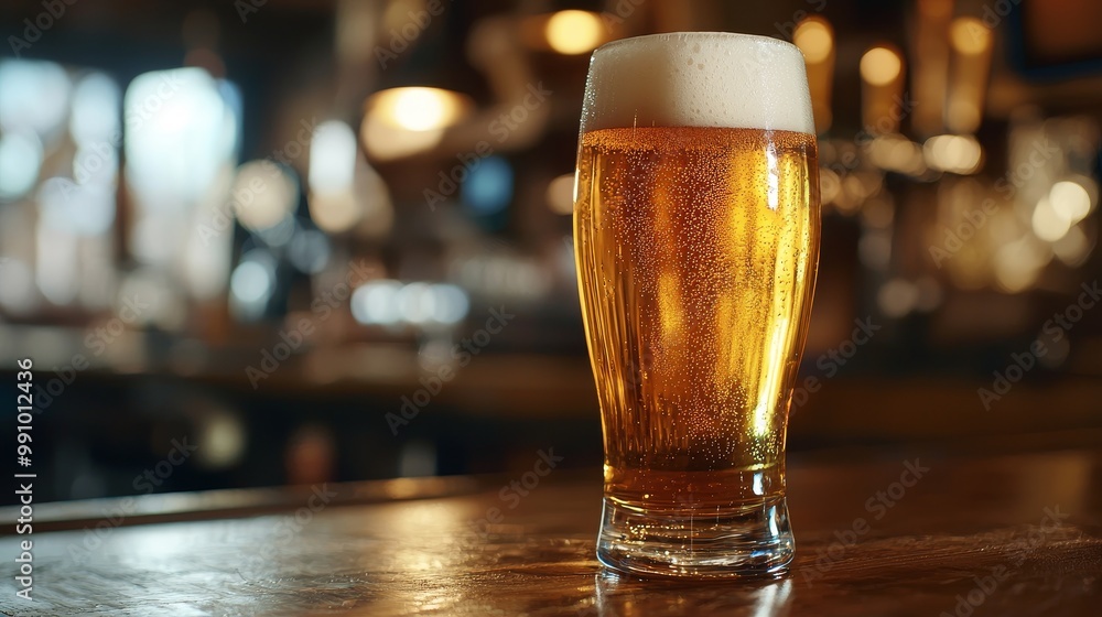 Golden beer in a glass on a wooden table, with a cozy bar background lit by soft lights, enhancing the refreshing and inviting look. Golden beer in a glass on a wooden table, with a cozy bar background lit by soft lights, enhancing the refreshing and inviting look.