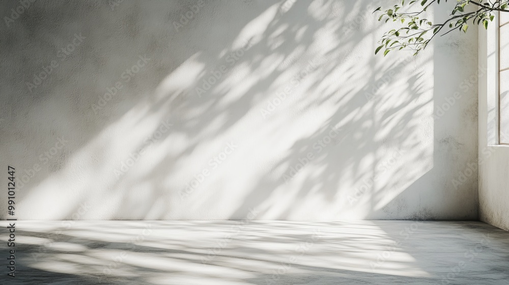 Fototapeta premium Minimal white textured wall with soft sunlight shining, creating a clean and smooth modern contemporary look. Perfect for minimalist interior design concepts, emphasizing simplicity and natural light.
