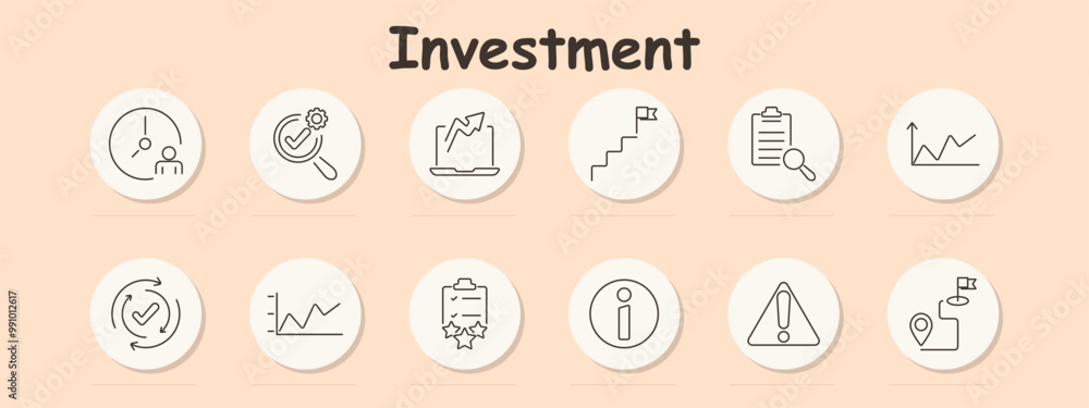Investment set icon. Clock, checklist, laptop growth, steps, clipboard, chart, checkmark cycle, rising graph, information, alert, location goal. Investment set icon. Clock, checklist, laptop growth, steps, clipboard, chart, checkmark cycle, rising graph, information, alert, location goal.