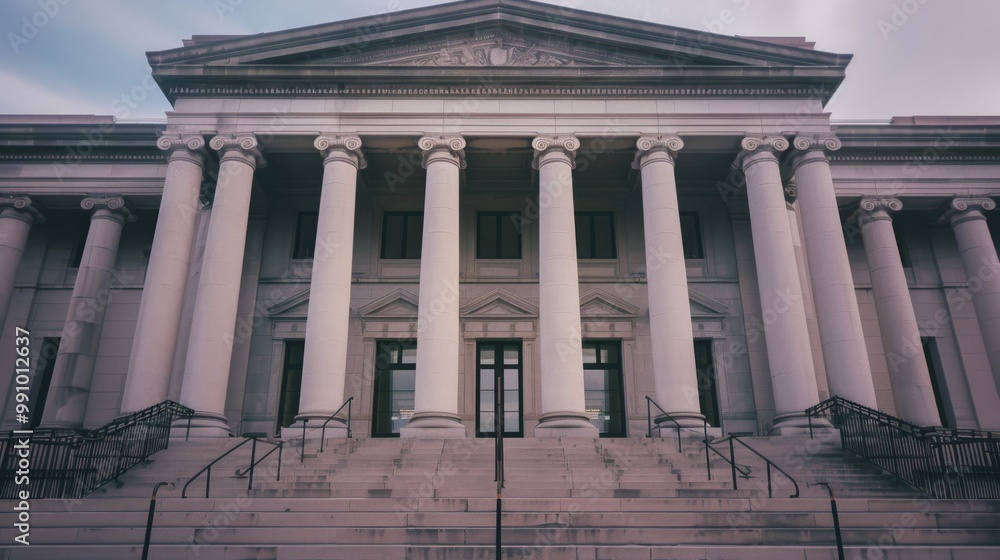 Fototapeta premium A grand neoclassical building with tall, majestic columns and a series of steps leading up to an elegant entrance, exuding authority and tradition.