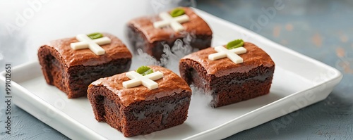 Mini brownie coffins with edible cross decorations, served with smoky dry ice effect for a spooky Halloween vibe, Halloween coffin dessert, creative food styling photo