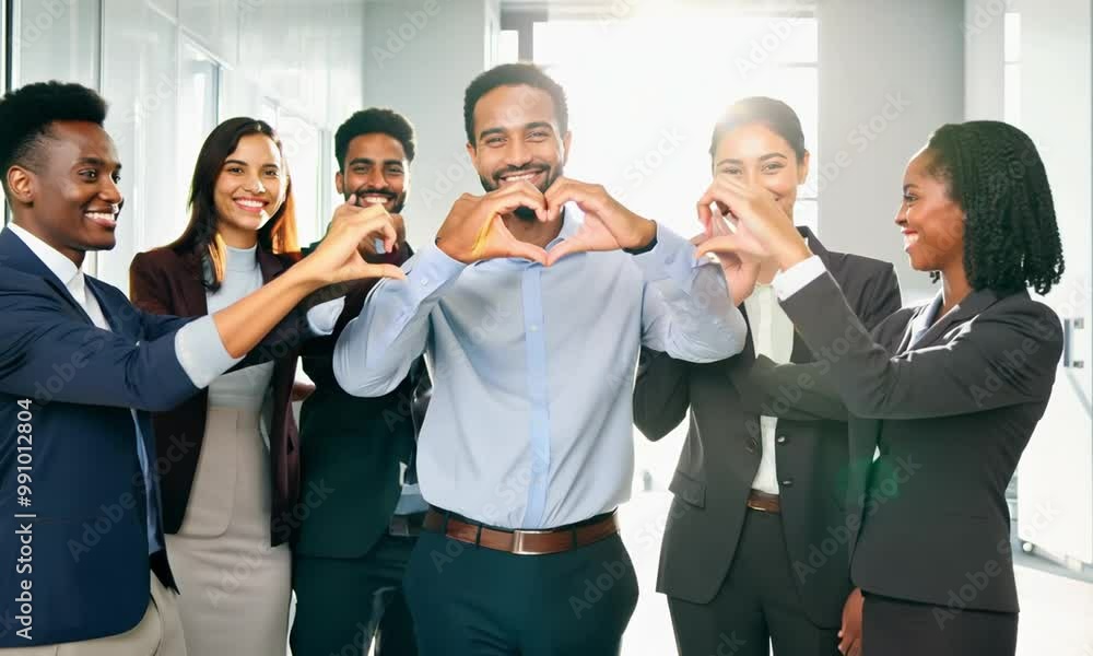 Multiethnic business team of happy coworkers in formal clothes making hand heart gesture, promoting support, charity, volunteering, looking at camera, smiling for office portrait Multiethnic business team of happy coworkers in formal clothes making hand heart gesture, promoting support, charity, volunteering, looking at camera, smiling for office portrait