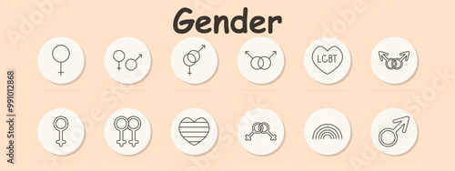 Gender set icon. Female, male-female, gender overlap, LGBT heart, female symbol, female, pride heart, symbol, rainbow, male.