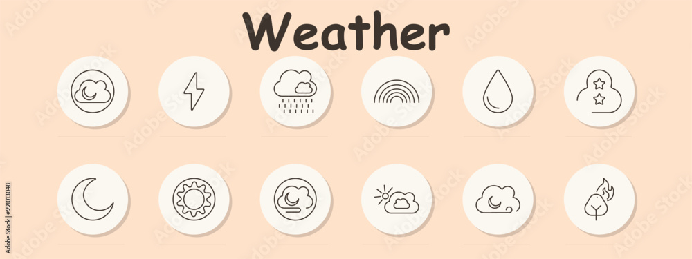 Weather set icon. Cloud with moon, lightning, rain cloud, rainbow, droplet, night sky with stars, crescent moon, sun with rays, cloudy night, sun behind cloud, wavy lines, tree with fire Weather set icon. Cloud with moon, lightning, rain cloud, rainbow, droplet, night sky with stars, crescent moon, sun with rays, cloudy night, sun behind cloud, wavy lines, tree with fire