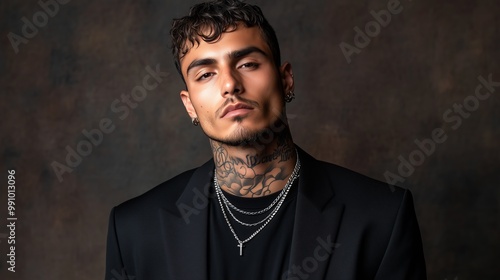 Handsome Man with Neck Tattoo Portrait