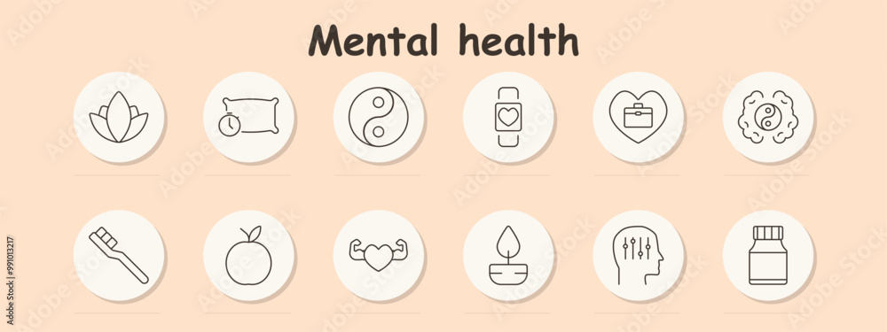 Mental health set icon. Lotus, sleep, yin-yang, smartwatch with heart, wellness kit, brain with yin-yang, toothbrush, apple, heart with muscles, candle, head with circuits, medicine bottle. Mental health set icon. Lotus, sleep, yin-yang, smartwatch with heart, wellness kit, brain with yin-yang, toothbrush, apple, heart with muscles, candle, head with circuits, medicine bottle.