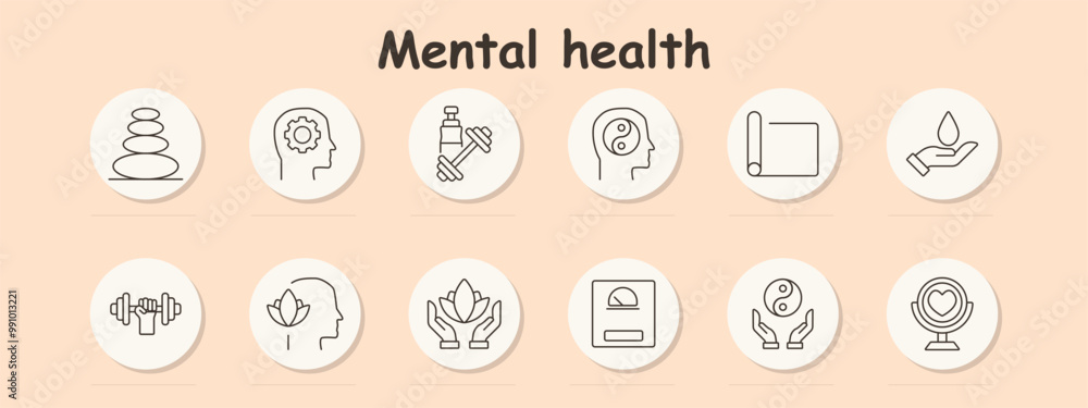 Mental health set icon. Balanced stones, cog in head, dumbbells, mind balance, yoga mat, water in hand, dumbbells, head with flower, hands with lotus, weighing scale, yin-yang, self-reflection mirror. Mental health set icon. Balanced stones, cog in head, dumbbells, mind balance, yoga mat, water in hand, dumbbells, head with flower, hands with lotus, weighing scale, yin-yang, self-reflection mirror.