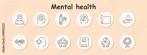 Mental health set icon. Balanced stones, cog in head, dumbbells, mind balance, yoga mat, water in hand, dumbbells, head with flower, hands with lotus, weighing scale, yin-yang, self-reflection mirror.