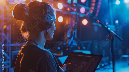 A focused woman with headphones and a tablet orchestrates the lighting and sound in a vibrant backstage control room, capturing the behind-the-scenes energy. photo