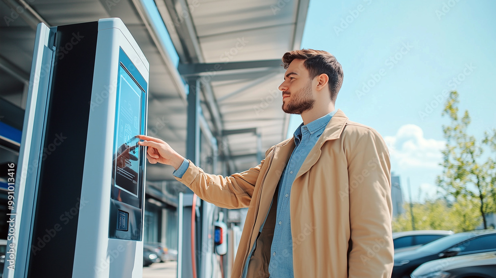 A man touching the display screen paying the charging fee for his electric vehicle at the charging station. Generative AI. A man touching the display screen paying the charging fee for his electric vehicle at the charging station. Generative AI.