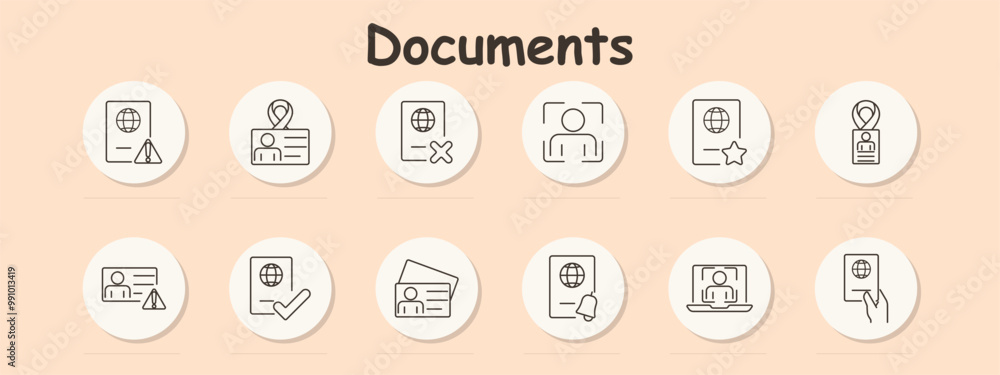 Documents set icon. ID card, verification, time, rejection, approval, scan, photo ID, security, access card, personal credentials, identification, authorized access, document management Documents set icon. ID card, verification, time, rejection, approval, scan, photo ID, security, access card, personal credentials, identification, authorized access, document management