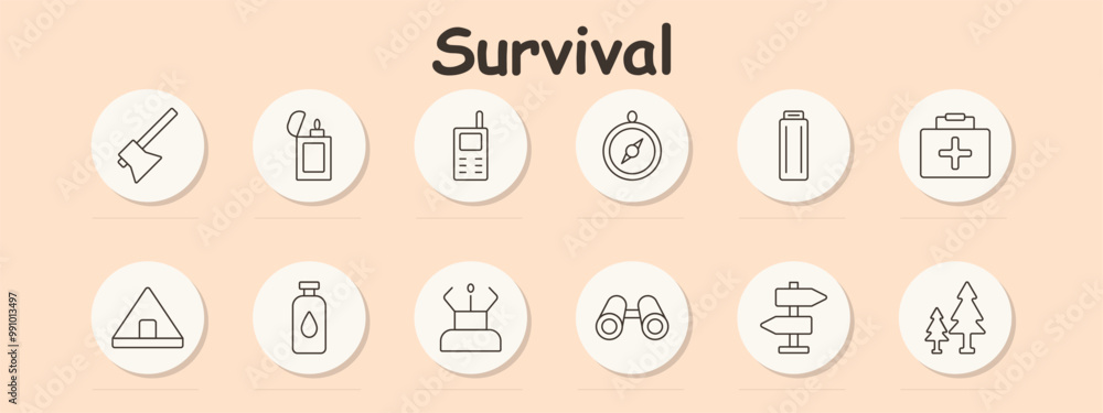 Survival set icon. Lighter, radio, compass, first aid, water bottle, binoculars, map, survival kit, battery, navigation, outdoor equipment, emergency tools, forest navigation Survival set icon. Lighter, radio, compass, first aid, water bottle, binoculars, map, survival kit, battery, navigation, outdoor equipment, emergency tools, forest navigation