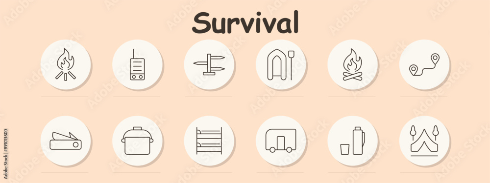 Survival set icon. Radio, direction sign, raft, campfire, route, pot, bunk bed, caravan, thermos, tent, camping, outdoor gear, navigation, adventure. Survival set icon. Radio, direction sign, raft, campfire, route, pot, bunk bed, caravan, thermos, tent, camping, outdoor gear, navigation, adventure.