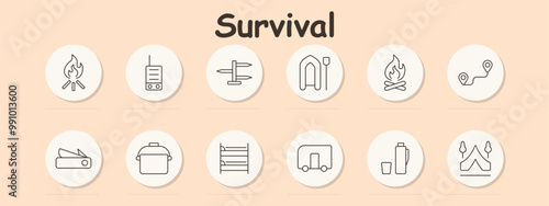Survival set icon. Radio, direction sign, raft, campfire, route, pot, bunk bed, caravan, thermos, tent, camping, outdoor gear, navigation, adventure.