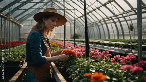 Woman attentively working in a large greenhouse filled with a variety of colourful flowers 