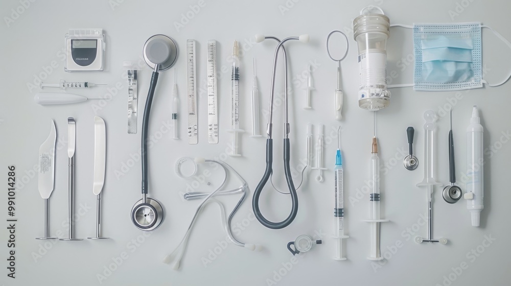 An assortment of medical instruments and devices neatly laid out on a light surface, reflecting the precision and organization in a professional healthcare environment. An assortment of medical instruments and devices neatly laid out on a light surface, reflecting the precision and organization in a professional healthcare environment.