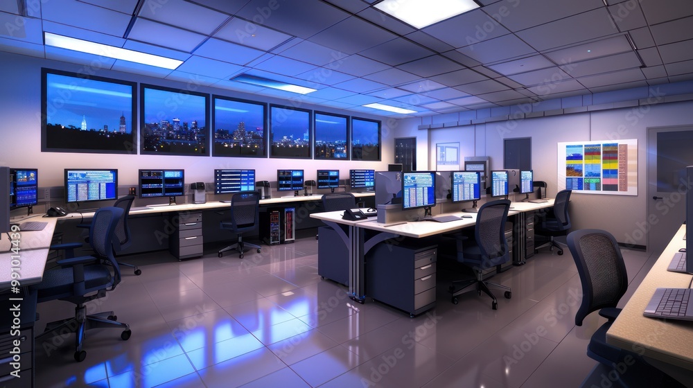 Modern Control Room with City View Modern Control Room with City View