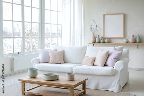 Scandinavian Mid-Century Modern Interior Photo from Living Room With Scandinavian Decorations on Wood Shelves. Generative AI

