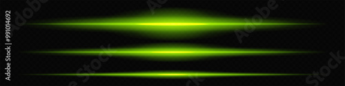 Glowing green laser beam horizontally across a dark transparent background, creating a futuristic and high-tech visual effect. Neon flare, laser lines of light. On a transparent background.