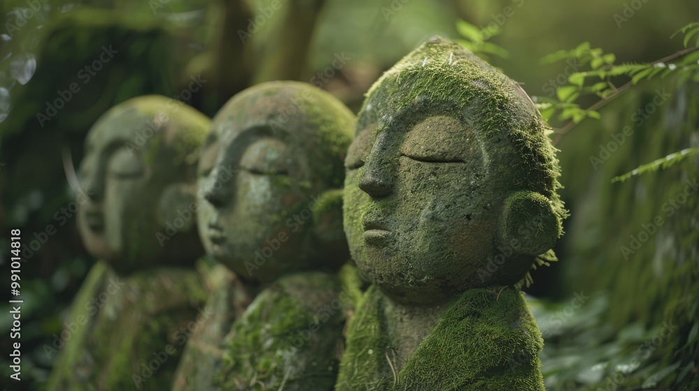 Three moss-covered Buddha statues silently sitting in a tranquil forest, enveloped by lush greenery and dappled sunlight. Three moss-covered Buddha statues silently sitting in a tranquil forest, enveloped by lush greenery and dappled sunlight.