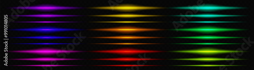 Colorful neon light beams on dark background. Vibrant neon-colored light beams in various shades, aligned horizontally on a dark transparent background, creating a futuristic, dynamic effect.
