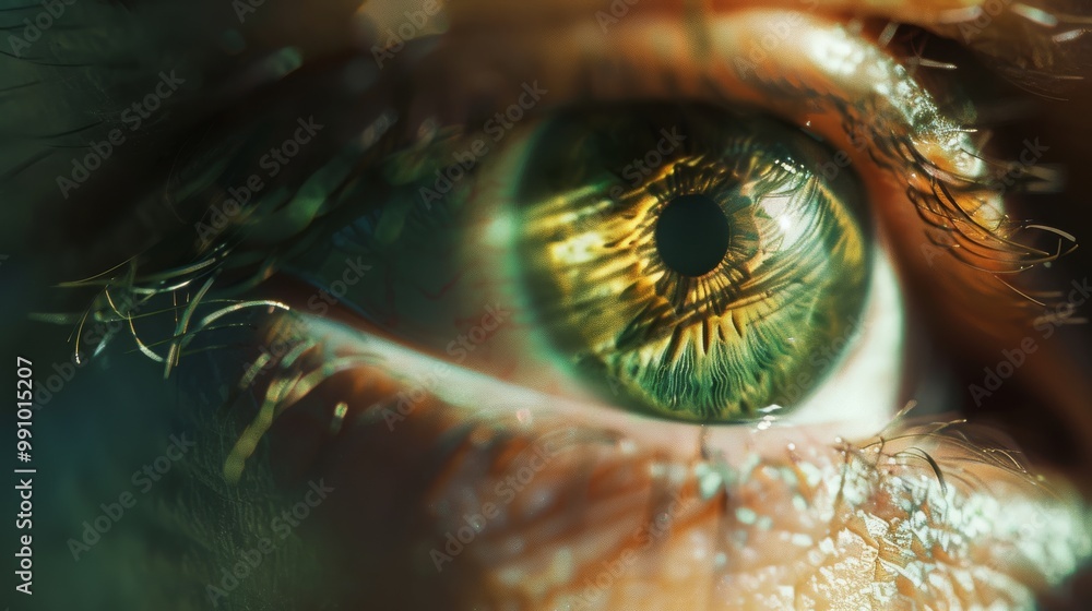 A mesmerising close-up of an eye, focusing on the stunning golden and green hues, revealing the intricate patterns of the iris. A mesmerising close-up of an eye, focusing on the stunning golden and green hues, revealing the intricate patterns of the iris.