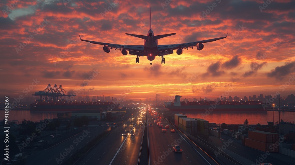 A cargo plane flies over the highway, with large container ships in the background and trucks driving on it A cargo plane flies over the highway, with large container ships in the background and trucks driving on it