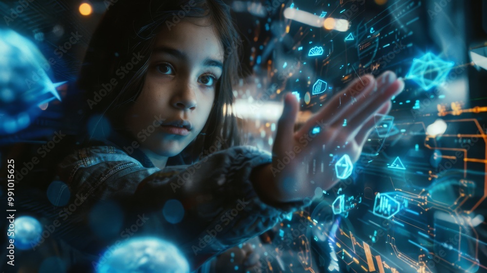 Fototapeta premium A young girl interacts with mesmerizing digital holograms, captivated by the display of futuristic technology glowing with blue light.