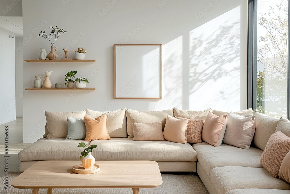 Fototapeta premium Scandinavian Mid-Century Modern Interior Photo from Living Room With Scandinavian Decorations on Wood Shelves. Generative AI 