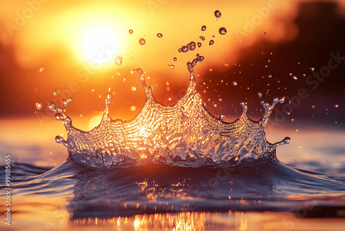 Water Splash Creates Crown Shape Reflecting Golden Sunset