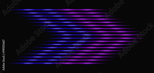 Modern abstract arrows moving at high speed. Technology movement. Colorful dynamic movement. Abstract purple and blue neon lines arranged in a zigzag formation on a dark background