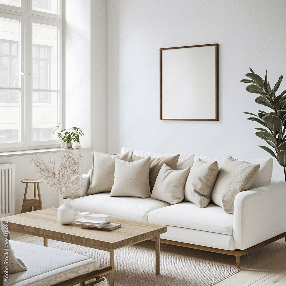 Fototapeta premium Scandinavian mid-century modern interior living room with white-walled walls and a sofa and wooden table. Generative AI