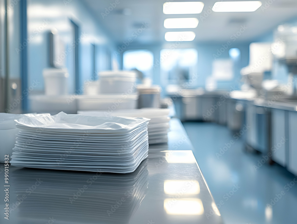 Clean kitchen workspace with stacked plates ready for use in a restaurant environment. Clean kitchen workspace with stacked plates ready for use in a restaurant environment.