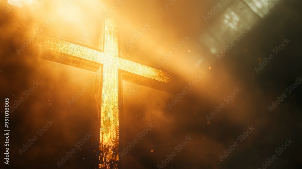 A golden cross shines brightly in a hazy glow. A golden cross shines brightly in a hazy glow.