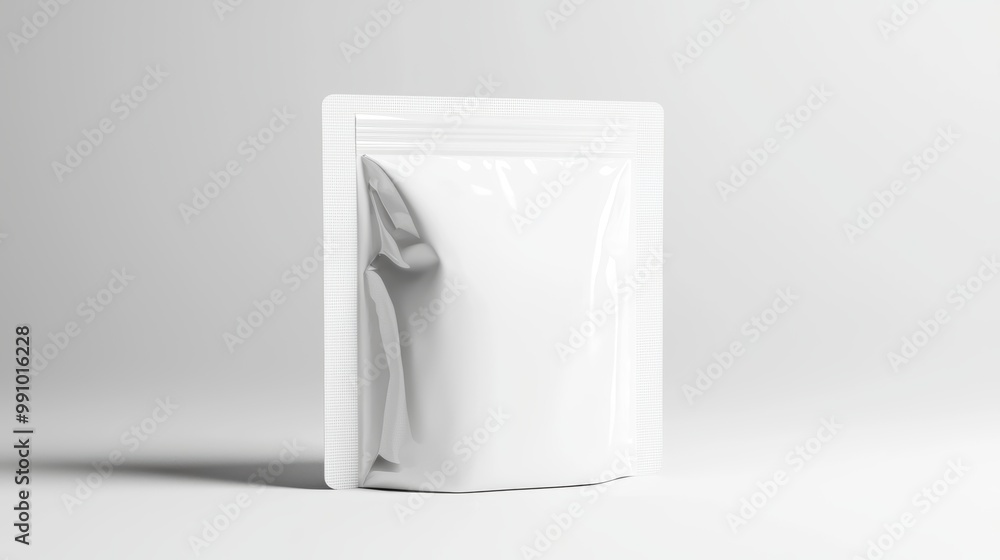 Modern white flexible packaging with a minimalist design and zip-lock feature, highlighted under soft studio lighting for a professional look. Modern white flexible packaging with a minimalist design and zip-lock feature, highlighted under soft studio lighting for a professional look.