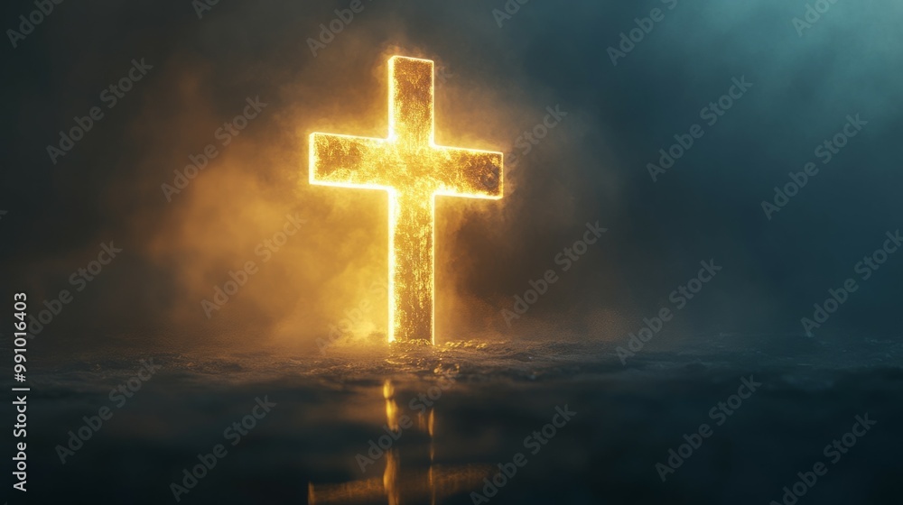 A glowing cross stands tall against a dark, smoky backdrop. A glowing cross stands tall against a dark, smoky backdrop.