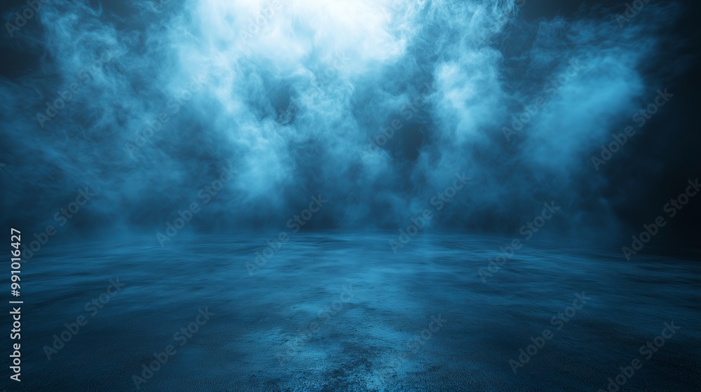 A dark, empty room with a concrete floor and blue smoke in the background. A dark, empty room with a concrete floor and blue smoke in the background.