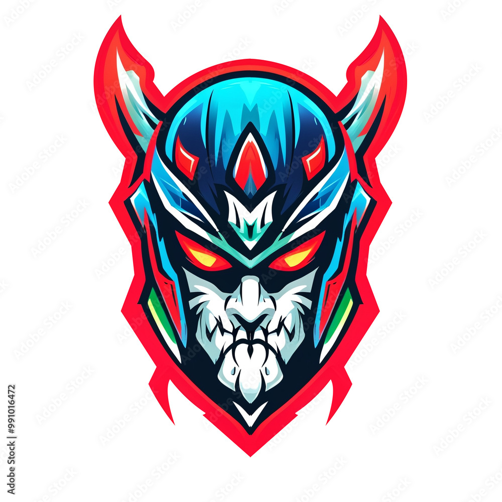 A helmet with a devil on top and a star on the bottom. The helmet is red and blue A helmet with a devil on top and a star on the bottom. The helmet is red and blue
