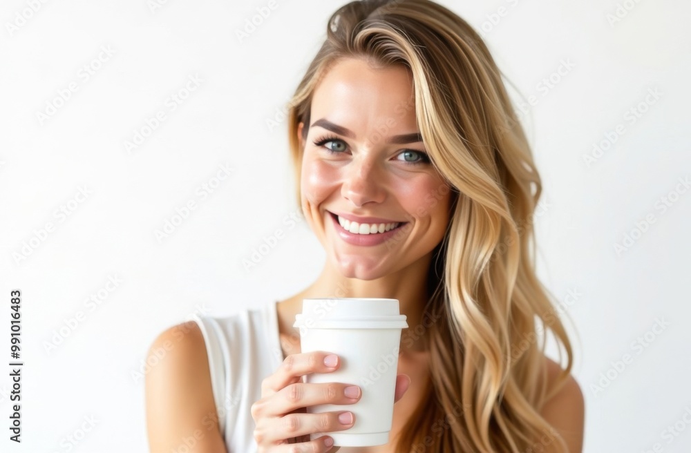 A young blonde girl stands with a paper cup for takeaway coffee drinks or tea on a white background. Place for text A young blonde girl stands with a paper cup for takeaway coffee drinks or tea on a white background. Place for text