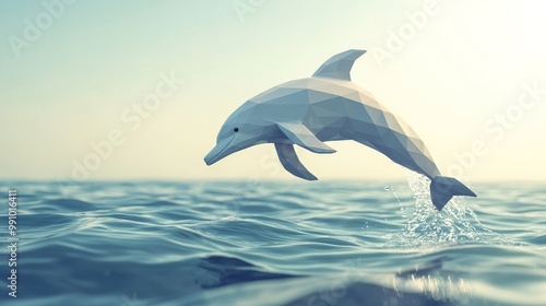 Playful Low-Poly Baby Dolphin Leaping over Calm Ocean Horizon - Abstract Underwater Wildlife Concept