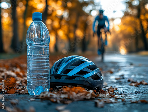 A blue bicycle helmet and a water bottle on a wooded path during autumn, with a cyclist in the background. photo