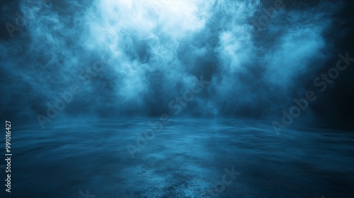 A dark, empty room with a concrete floor and blue smoke in the background.