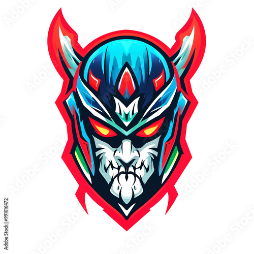 A helmet with a devil on top and a star on the bottom. The helmet is red and blue