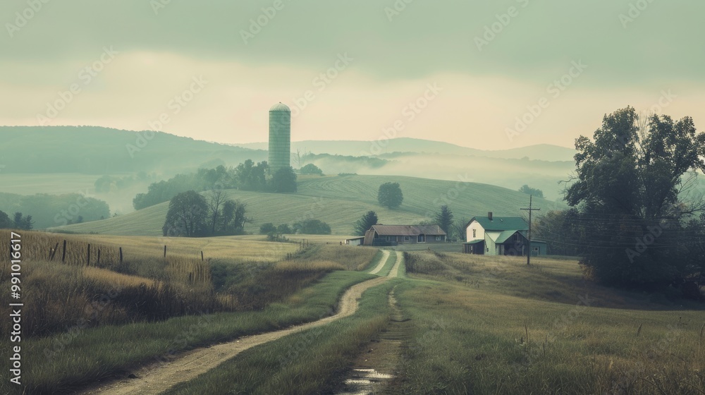 Fototapeta premium A serene rural landscape with a winding dirt road leading to a distant silo, farmhouse, and misty hills under a soft, gray sky.