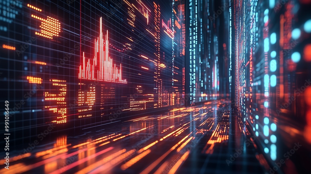 Obraz premium Abstract digital flow chart or structure with interconnected blocks and lines on a blurred background of an office space, representing data science technology in a business concept