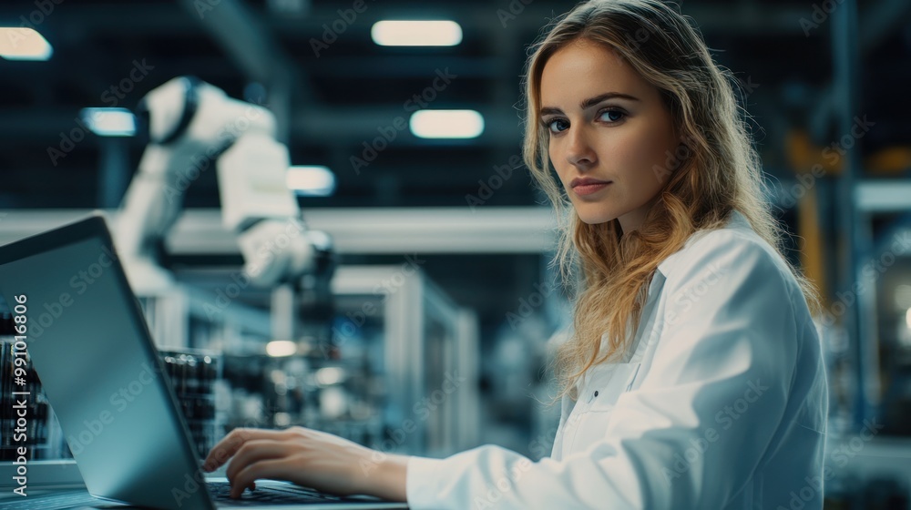 Caucasian Female Engineer in Factory with Robotic Arms. Caucasian Female Engineer in Factory with Robotic Arms.